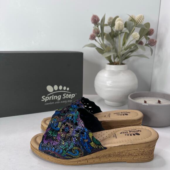 Spring Step Estella-BM Wedge Sandal Heel Black Multi Women's 5.5 - Picture 1 of 12